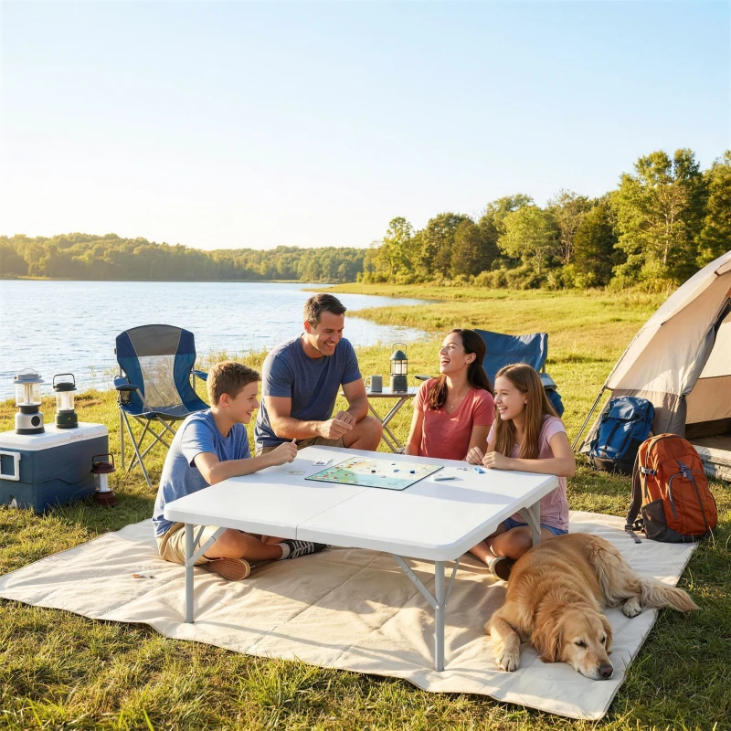 Outsunny Table pliante en HDPE, table de camping pliante carrée 86 x 86 x 74 cm, avec une poignée, hauteur réglable, blanc