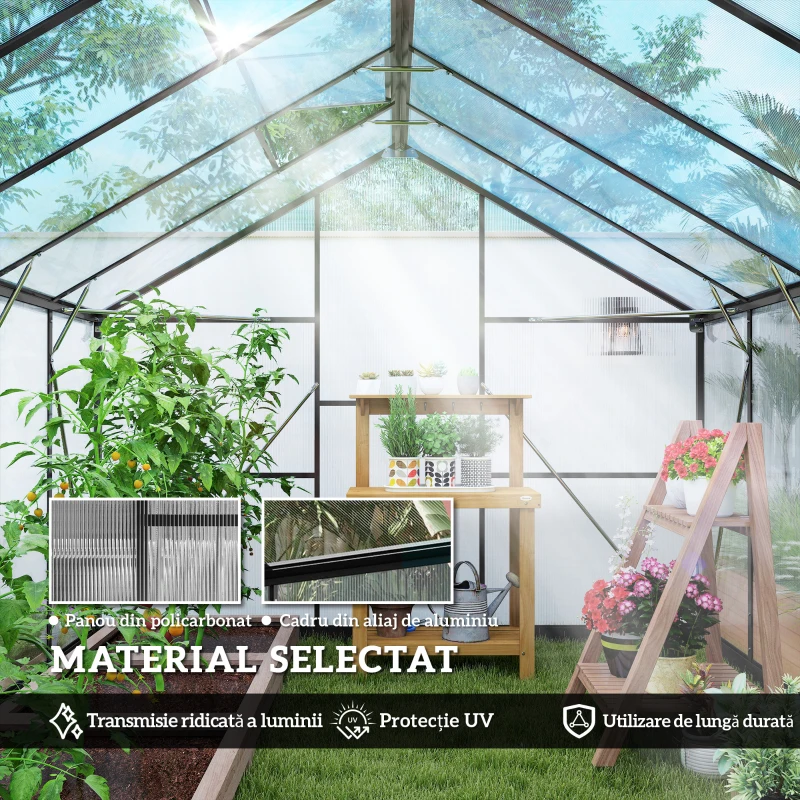 Outsunny Seră pentru grădină din policarbonat și aluminiu cu ușă batantă și 2 ferestre reglabile, 304x247x205 cm, negru