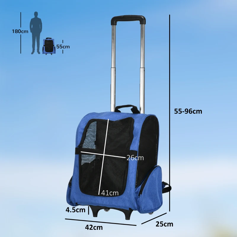 PawHut 2-in-1 Wheeled Pet Carrier Trolley Backpack for Dog Cat with Telescopic Handle, Storage Pockets, Vents, Safety Tether, 42 x 25 x 55 cm, blue