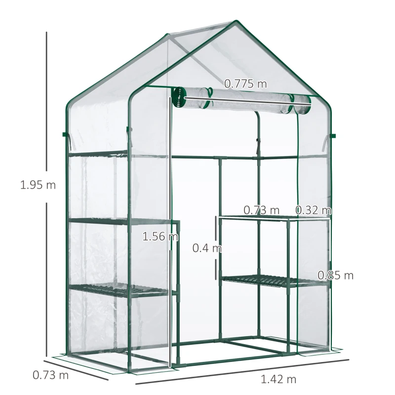 Outsunny Garden greenhouse 4 shelves steel PVC high-density 140 g/m² UV-resistant 142 x 73 x 195 cm transparent green