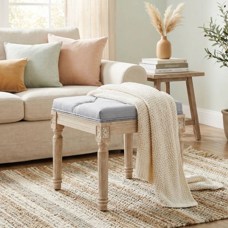 HOMCOM Vintage Foot Stool, Tufted Square Footrest with Wood Legs, Light Grey