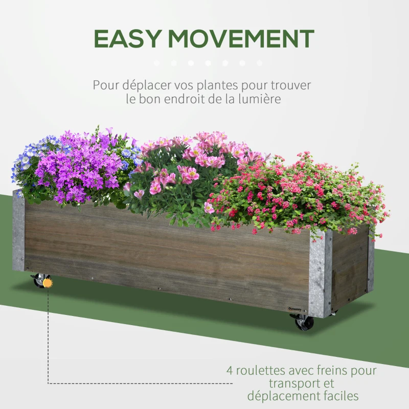 Outsunny Planter on Casters - Rectangular Planter - Irrigation Inserts, Drainage Felt Included - metal, solid wood, gray