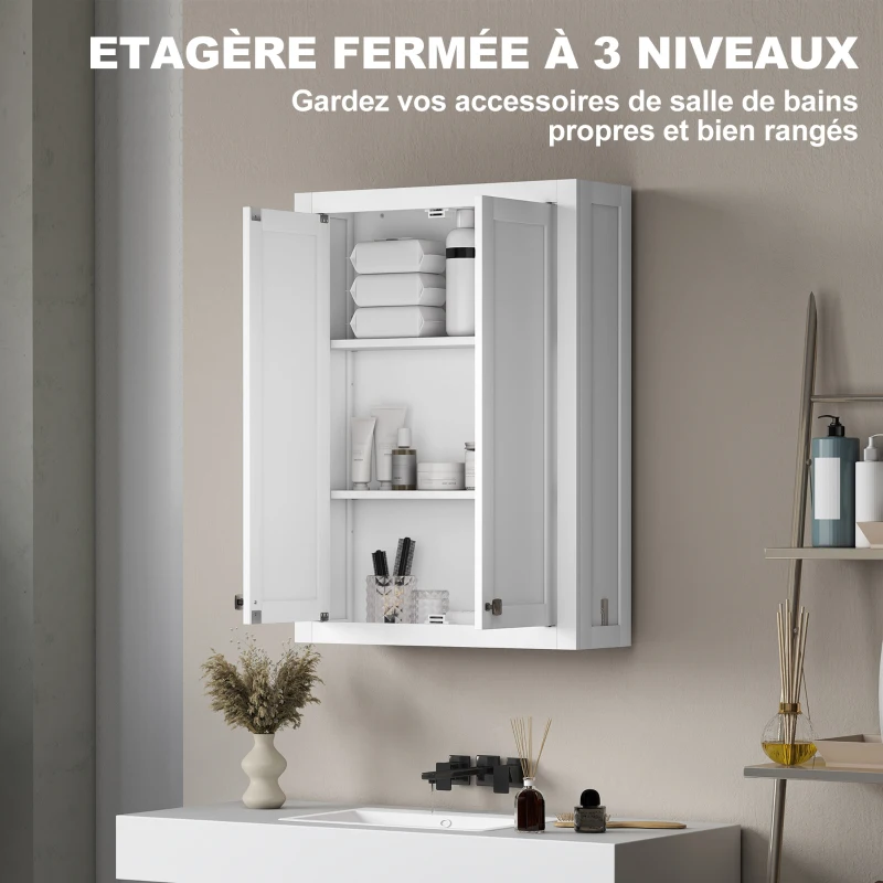 HOMCOM Armoire murale de salle de bain 3 niveaux, meuble de rangement suspendu  2 portes étagère réglable 61 x 20 x 84 cm blanc