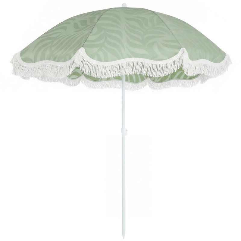 Outsunny Parasol de Plage à Franges Ø180 cm Hauteur Réglable Inclinaison Ancrage Sable et Housse de Transport UPF30+ Vert