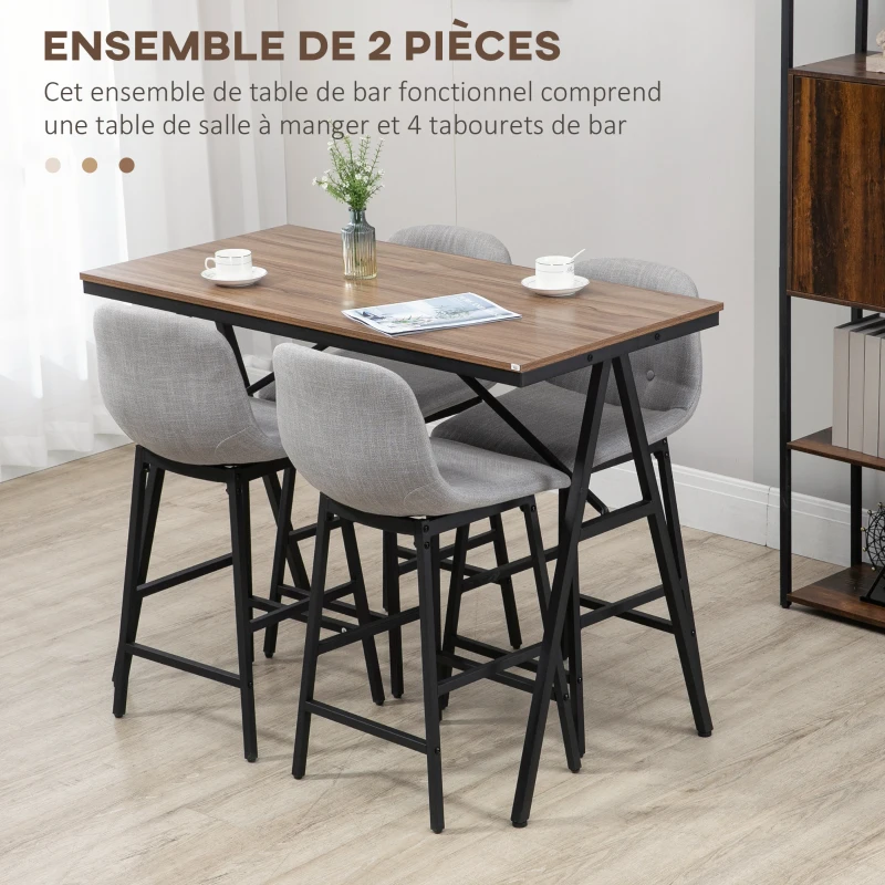 HOMCOM Ensemble table de bar avec tabourets table à manger debout avec 4 chaises rembourrées pieds en acier 120x60x91cm gris