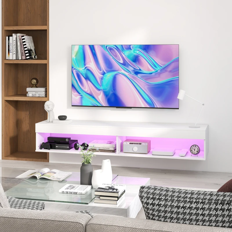 HOMCOM Meuble TV suspendu mural avec éclairage LED pour téléviseurs jusqu'à 75 pouces, étagères, 180L x 40l x 30H cm, blanc