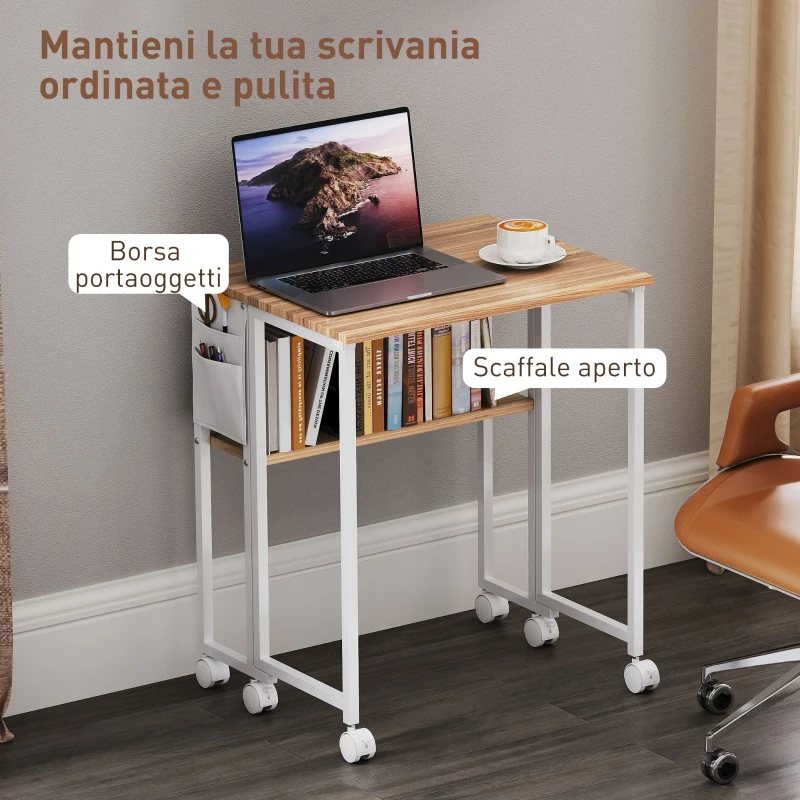 HOMCOM Scrivania Pieghevole Salvaspazio a Ribalta con Scaffale, Tasca Portaoggetti e Ruote, Legno Naturale
