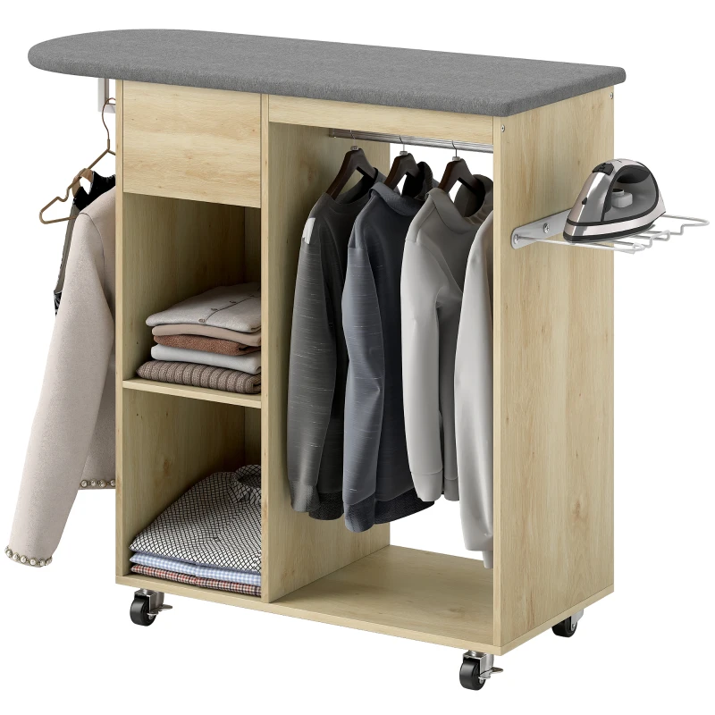 HOMCOM Armoire à repasser en bois table à repasser avec roulettes barre de suspension étagère 125 x 43,5 x 102,5 cm bois naturel