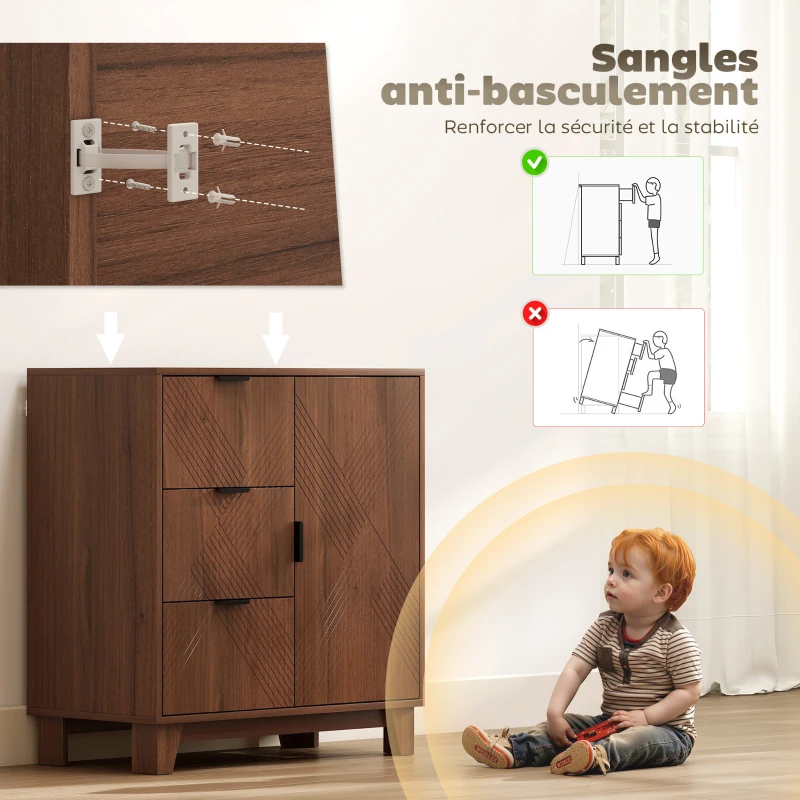 HOMCOM Buffet salon meuble de rangement avec placard à porte 3 tiroirs et étagère réglable 75 x 39 x 80 cm, effet bois marron(m-7)