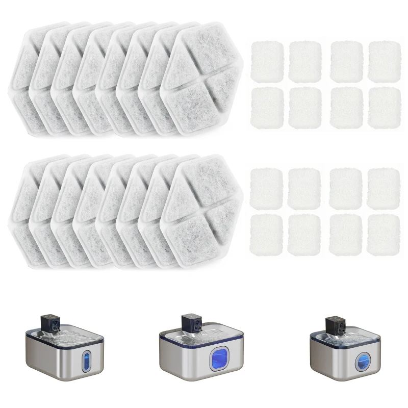 PawHut 16 pcs Filtre Fontaine Eau Chat, Distributeur d'Eau filtrante pour Chat et Chien, Triple Système de Filtration, Blanc
