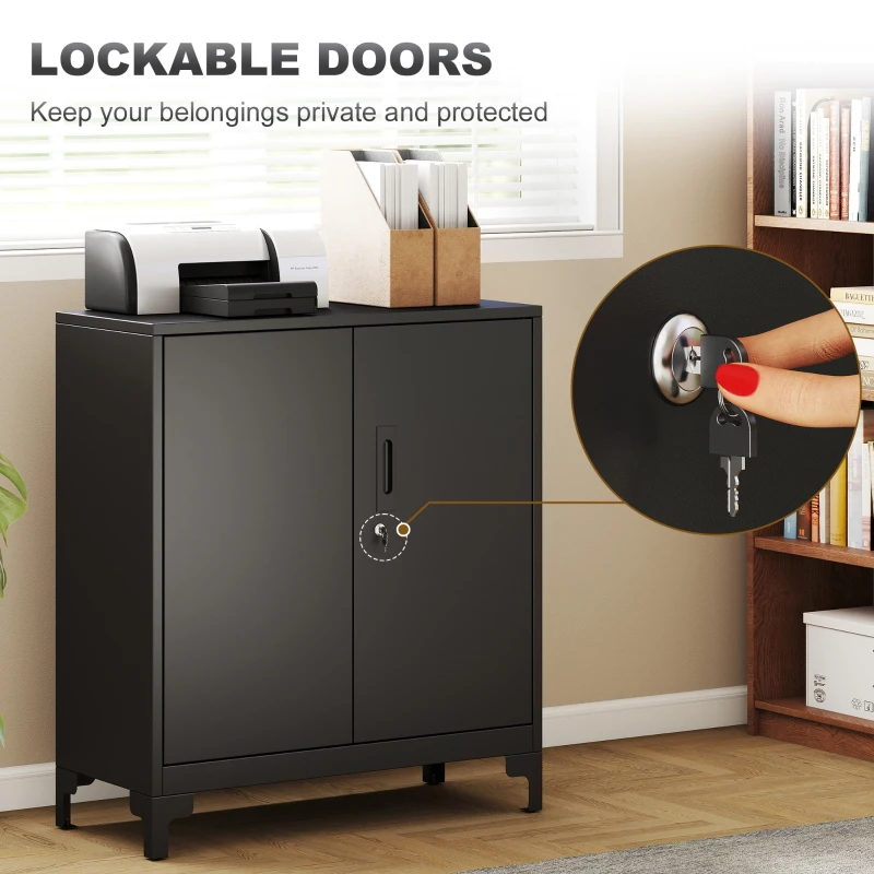 HOMCOM Lockable Metal Filing Cabinet, 2-Tier Storage Cupboard with Double Doors, Modern Office Organiser, Black