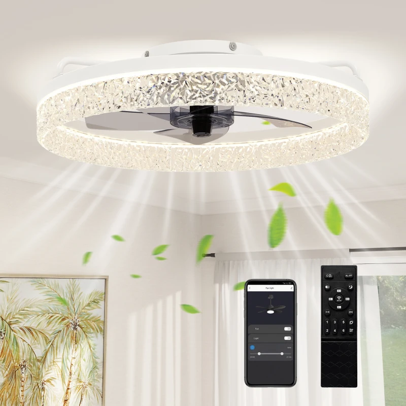 HOMCOM Ceiling Fan with Lights, Dimmable LED Mount Ceiling Fan Light with Remote App Control for Bedroom, White