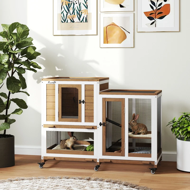 PawHut Clapier lapin intérieur cage lapin en bois design de luxe 3 niveaux avec 3 plateaux amovibles 110 x 50 x 86 cm marron