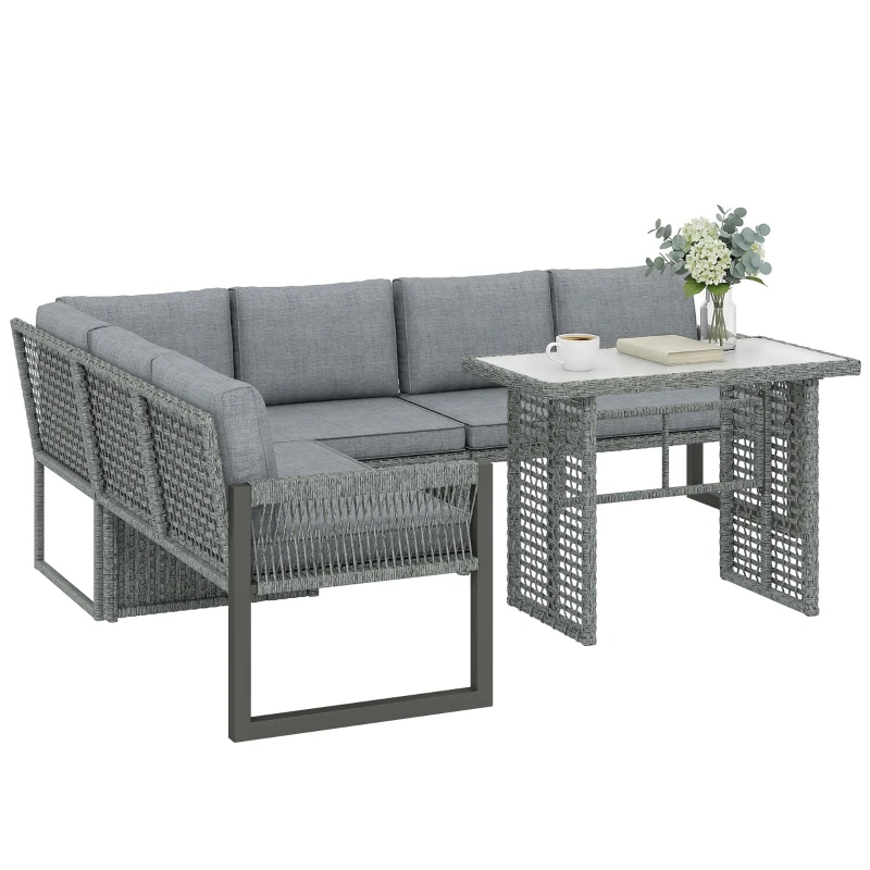 Outsunny 6 Seater Rattan Garden Furniture Set with 3 Loveseats, Table, Patio Rattan Furniture Corner Sofa Set, Grey