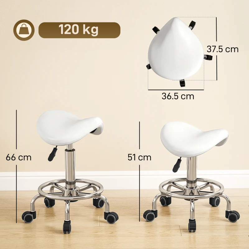 HOMCOM Salon Saddle Stool, Rolling Saddle Chair for Massage, Spa, Clinic, Beauty, Hairdressing and Tattoo, White