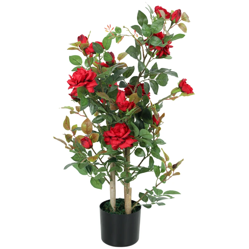 HOMCOM 90cm Artificial Rose Tree, Decorative Fake Plant with 344 Silk Leaves 17 Flowers for Outdoor Indoor Decor, Red