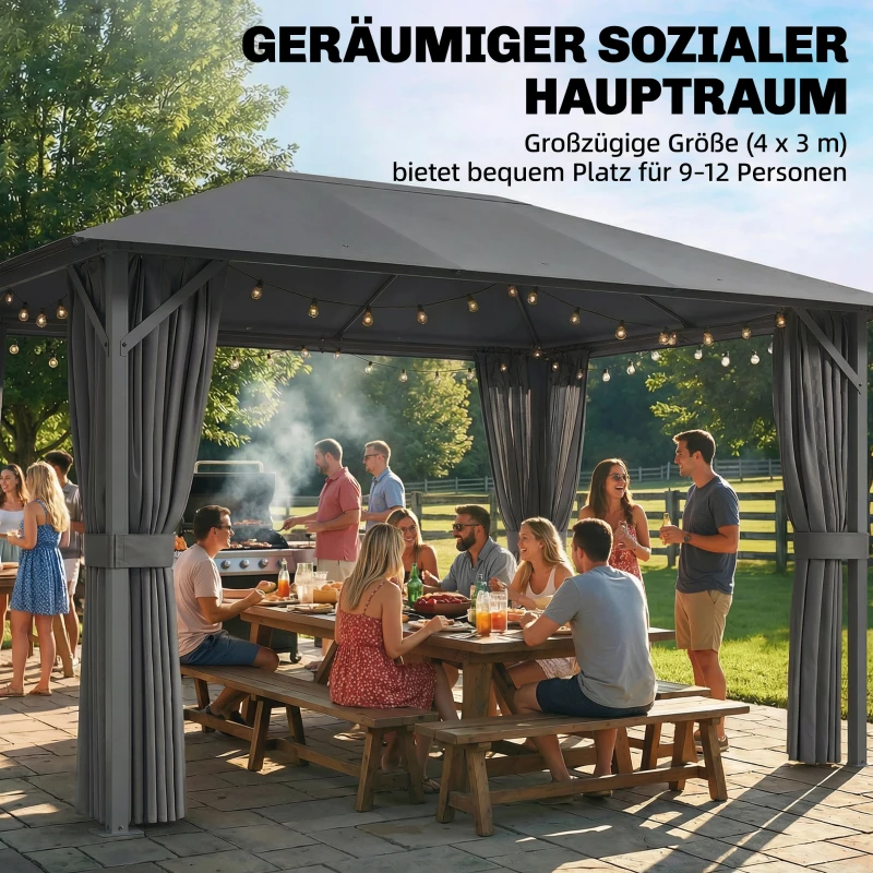 Outsunny Pavillon ca. 4x3m Wasserabweisend Stabil Winterfest Gartenpavillon mit Moskitonetz 4 Seitenteile Lüftung Drainagelöchern