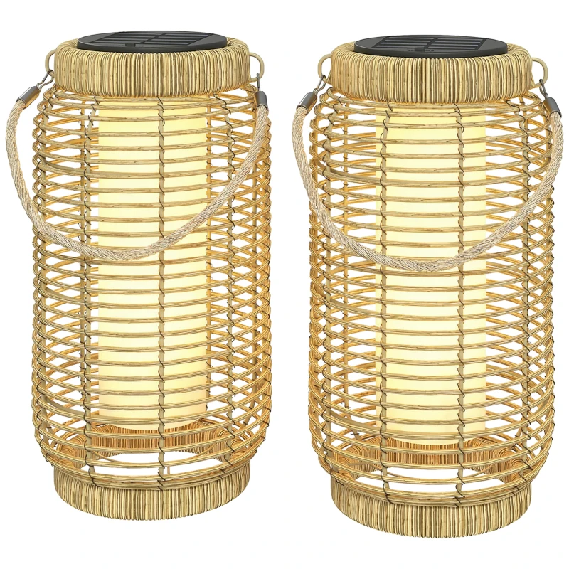 Outsunny Conjunto de 2 Postes Solares de Exterior em Resina Trançada Luminária LED de Jardim em Aço Liga/Desliga Automático Areia