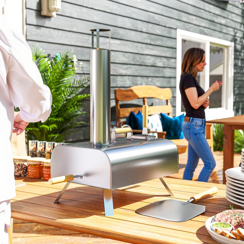 Outsunny Four à pizza extérieur portable à bois ou à pellet avec pierre à pizza pieds pliables cheminée acier inoxydable argenté