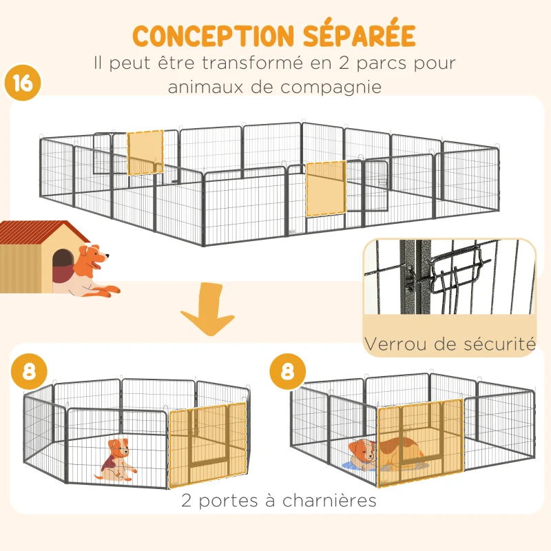 PawHut Parc pour chien, enclos chien 16 panneaux modulable et pliable, portable en acier avec portes 80 x 60 gris