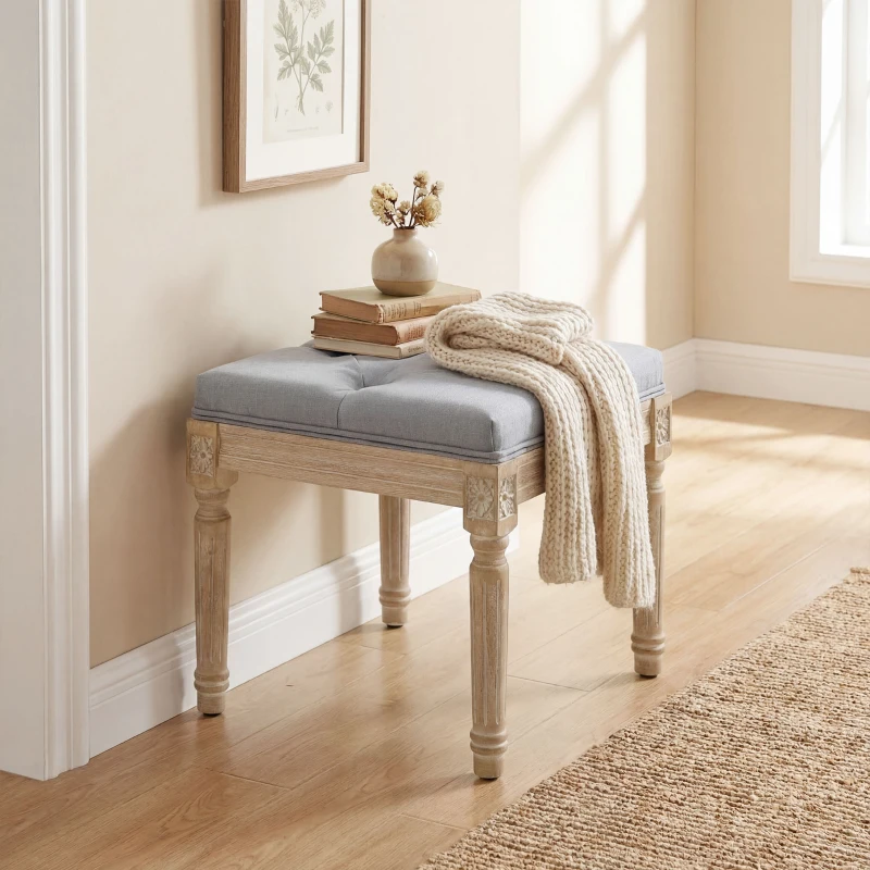 HOMCOM Vintage Foot Stool, Tufted Square Footrest with Wood Legs, Light Grey