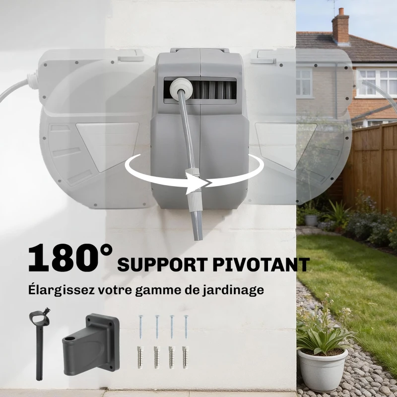Outsunny Enrouleur Tuyau Arrosage Mural 20+1,6m x Ø 15mm, Dévidoir de Tuyaux d'Eau Rétractable Automatique Pivotant à 180°, Gris