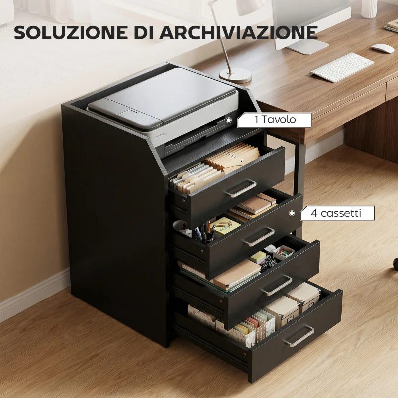 Vinsetto Cassettiera Piccola con 4 Cassetti, Mobiletto Verticale su Ruote, 40 x 36 x 65 cm, Effetto Legno Nero