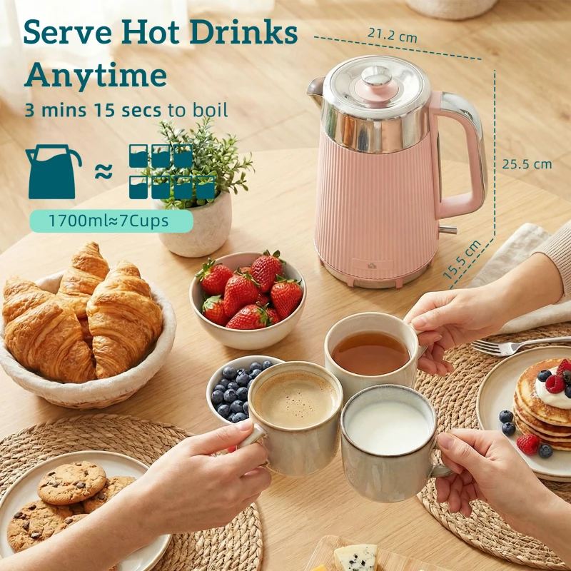 HOMCOM Electric Stainless Steel Kettle and Toaster Set, 3000W 1.7L UK Strix Thermostat Fast Boil Kettle Pink