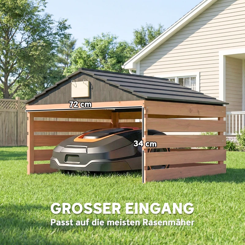 Outsunny Mähroboter Garage Holz Überdachung mit Satteldach wetterfest Garage für Rasenmäher Unterstand 79 x 74 x 54 cm Rotbraun