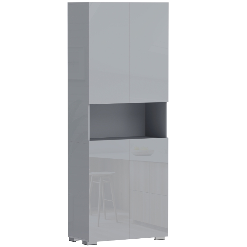 HOMCOM 180 cm Tall Kitchen Cupboard, Pantry Storage Cabinet with Soft Close Doors and Adjustable Shelves, High Gloss Grey