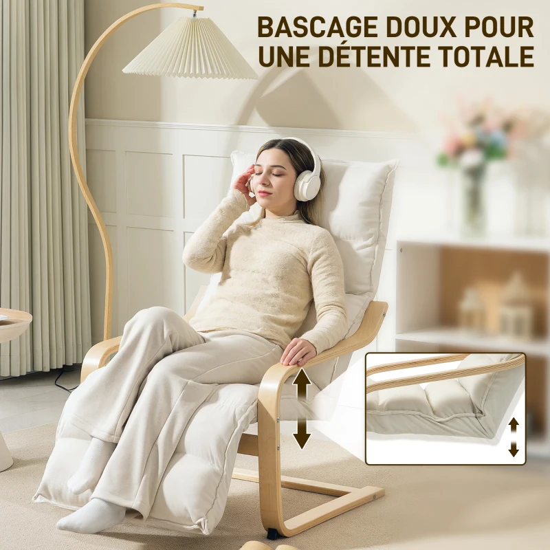 HOMCOM Fauteuil salon, fauteuil d'appoint rembourré en velours, repose-pieds réglable et structure en acier, 67x93x105cm, crème