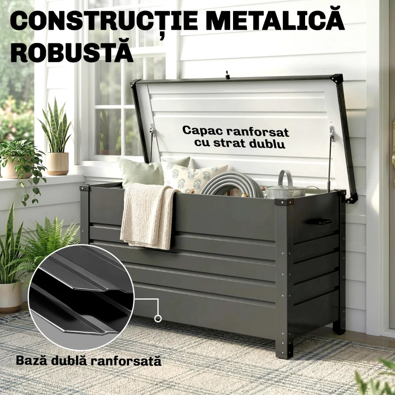 Outsunny Ladă 430L, Recipient Metalic cu Capac Blocabil, Roți, Mânere Laterale, Gri