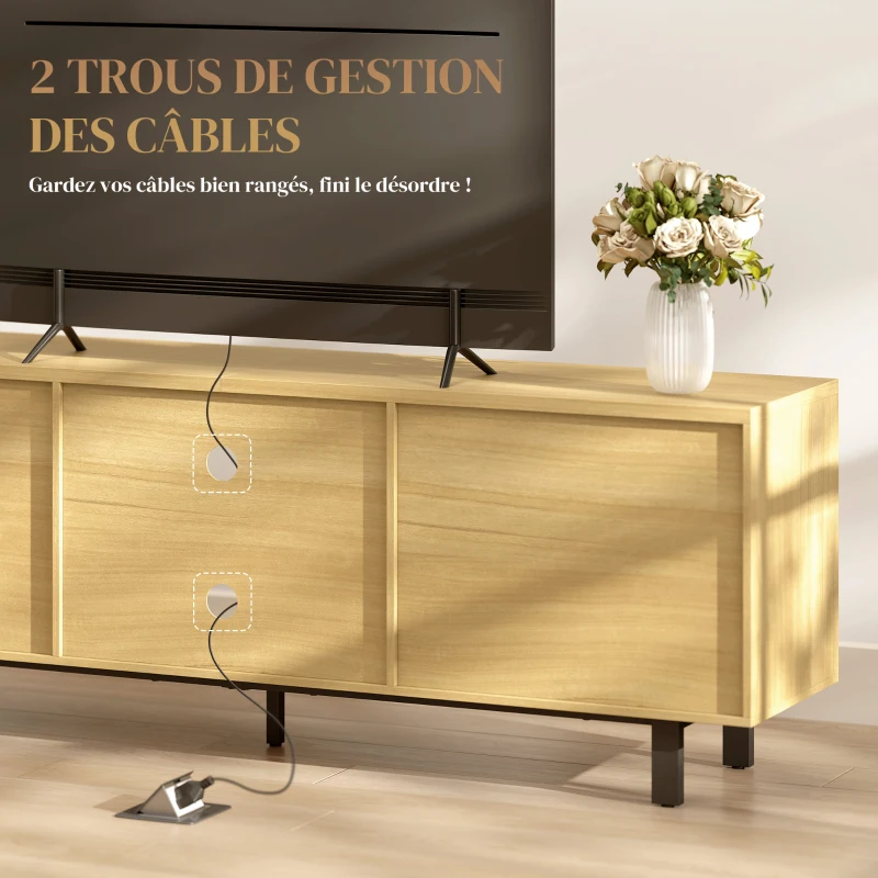 HOMCOM Meuble TV, meuble télé jusqu'à 65 pouces, 2 portes à ouverture par pression et 2 étagères, 160x35x55,5cm, bois naturel