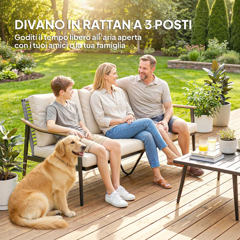 Outsunny Divano da Esterno a 3 Posti  in Rattan con Braccioli Effetto Legno e Schienale, per Veranda, Cortile, Cachi