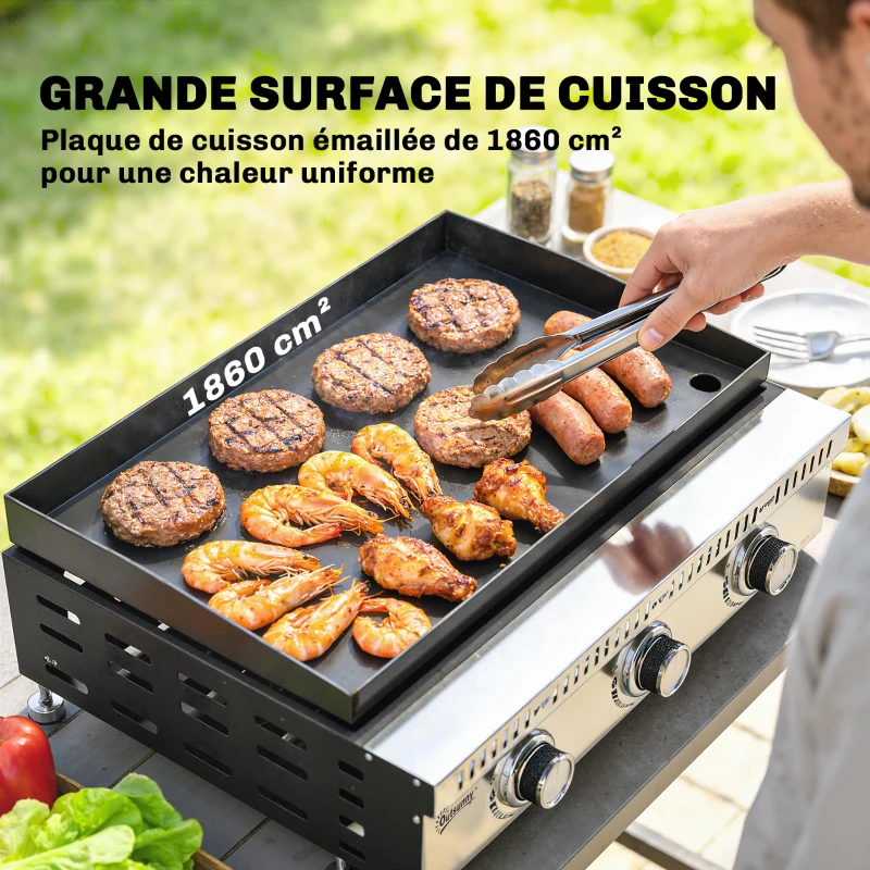 Outsunny Plancha gaz 9 kW 3 brûleurs en acier inoxydable, surface cuisson 56,5 x 33 cm, bac de récupération des graisses, noir
