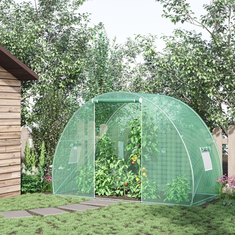 Outsunny Garden Tunnel Greenhouse winter greenhouse Floor Area 4.5 m² dim. 3L x 1.5l x 2H m Reinforced Tubular Frame Zipped Door 2 Roll-up Windows Green