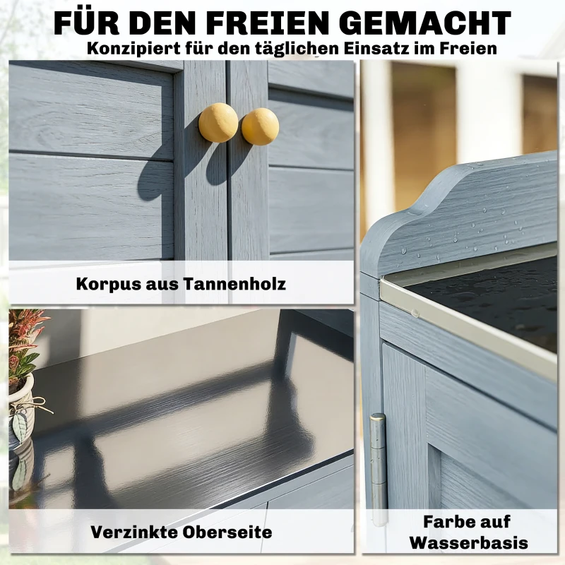 Outsunny Pflanztisch mit Unterschrank Outdoor Holz Gartenschrank mit verzinkter Arbeitsplatte 2 Schubladen 104x44x140 cm Hellgrau