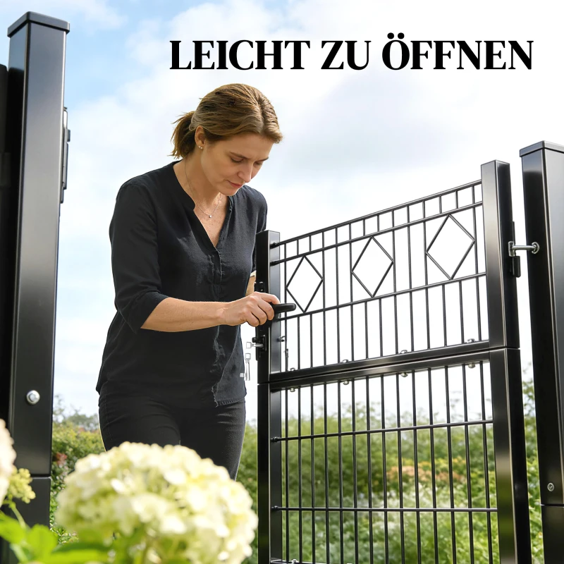 Outsunny Gartentor aus verzinktem Metall Gartentür mit Griff, Schloss Schlüssel abschließbar Zauntor 100x131cm Dunkelgrau