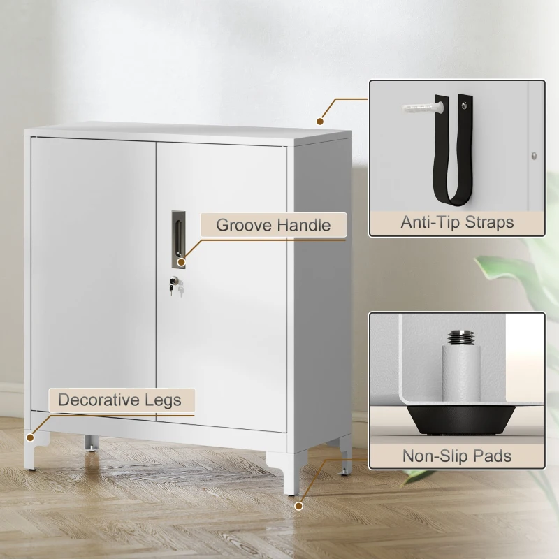 HOMCOM Lockable Metal Filing Cabinet, 2-Tier Storage Cupboard with Double Doors, Modern Office Organiser, White