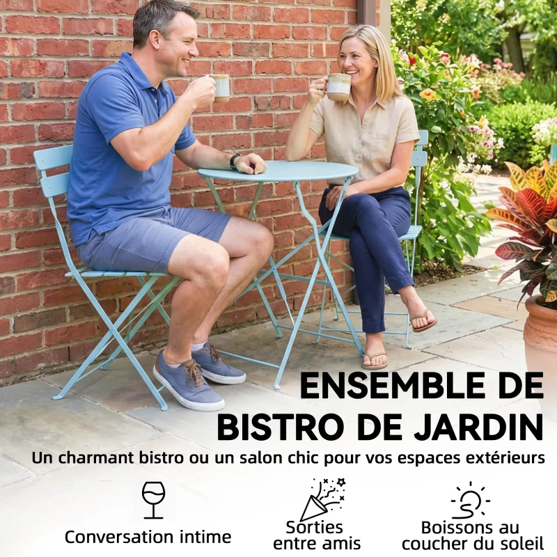 Outsunny Ensemble Bistrot de Jardin 3 Pièces Table et 2 Chaises Pliantes à Lattes Double Protection Antirouille Bleu Clair