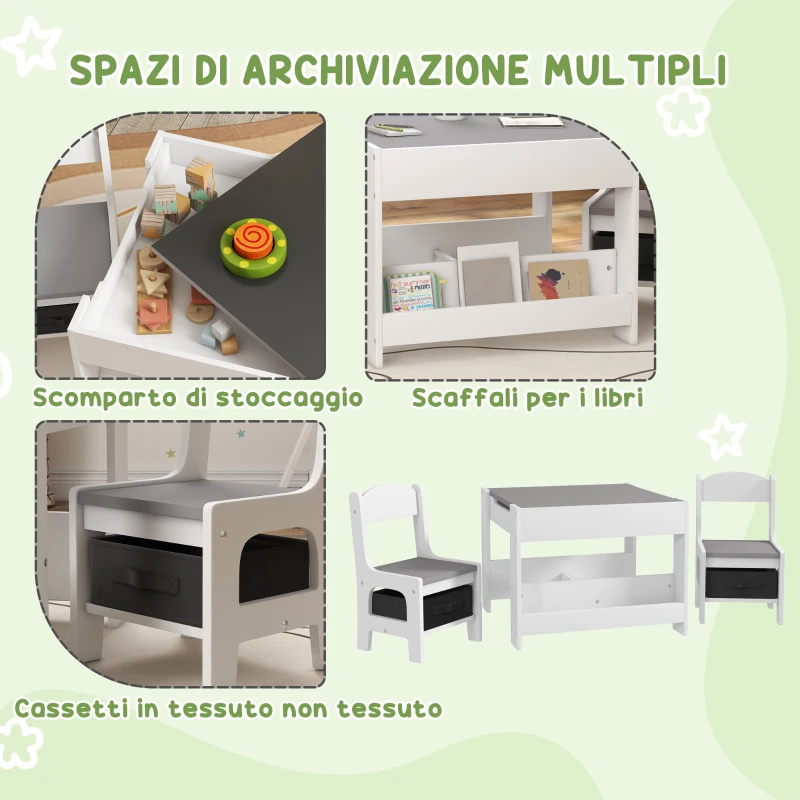 HOMCOM Set Tavolino per Bambini e 2 Sedie, Piano del Tavolo 3 in 1 con Lavagna e Contenitori, Grigio