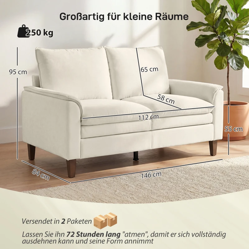 HOMCOM 146 cm Zweisitzer Sofa, Chenille-Sofa mit doppellagiger Polsterung, Federkissen, tiefem Sitz, hoher Rückenlehne, Creme
