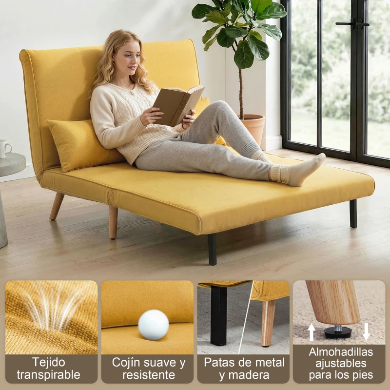 HOMCOM Sofá Cama de 2 Plazas Plegable Sofá Cama Tapizado en Lino con Respaldo Ajustable 5 Posiciones 2 Almohadas Amarillo