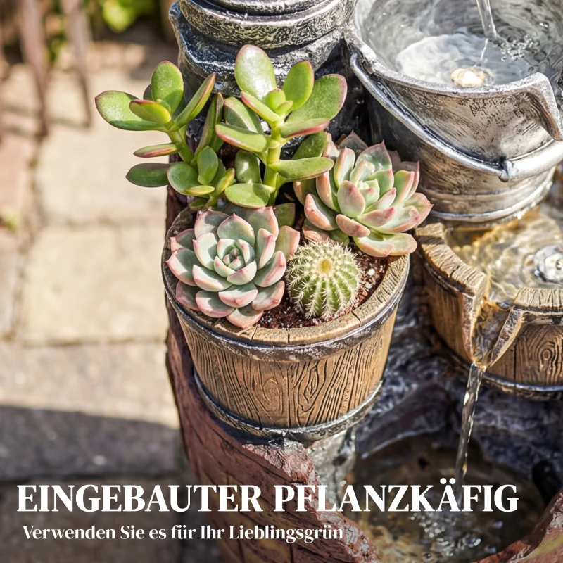 Outsunny Springbrunnen 4-stufig rustikal Gartenbrunnen mit LED Beleuchtung Pflanzkübel Pumpe, Verstellbar 34 x 31 x 76 cm