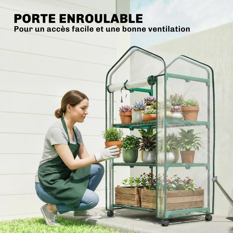 Outsunny Mini serre de jardin avec 3 étagères, bâche PVC haute densité, porte enroulable 4 roulettes 69 x 49 x 130 cm transparent
