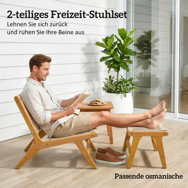 Outsunny Gartensessel mit Hocker 2-teilig FSC Akazienholz Outdoor Loungesessel mit Rattan-Sitz Boho-Stil verstellbare Füße