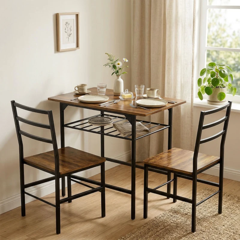 HOMCOM Set tavolo pranzo con 2 sedie e struttura in metallo, Marrone