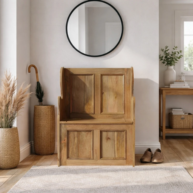 Solid Mango Wood Small Storage Bench with Clear Natural Finish and Storage Box, Storage Stool for Living Room, 35L x 60W x 90H cm, Brown