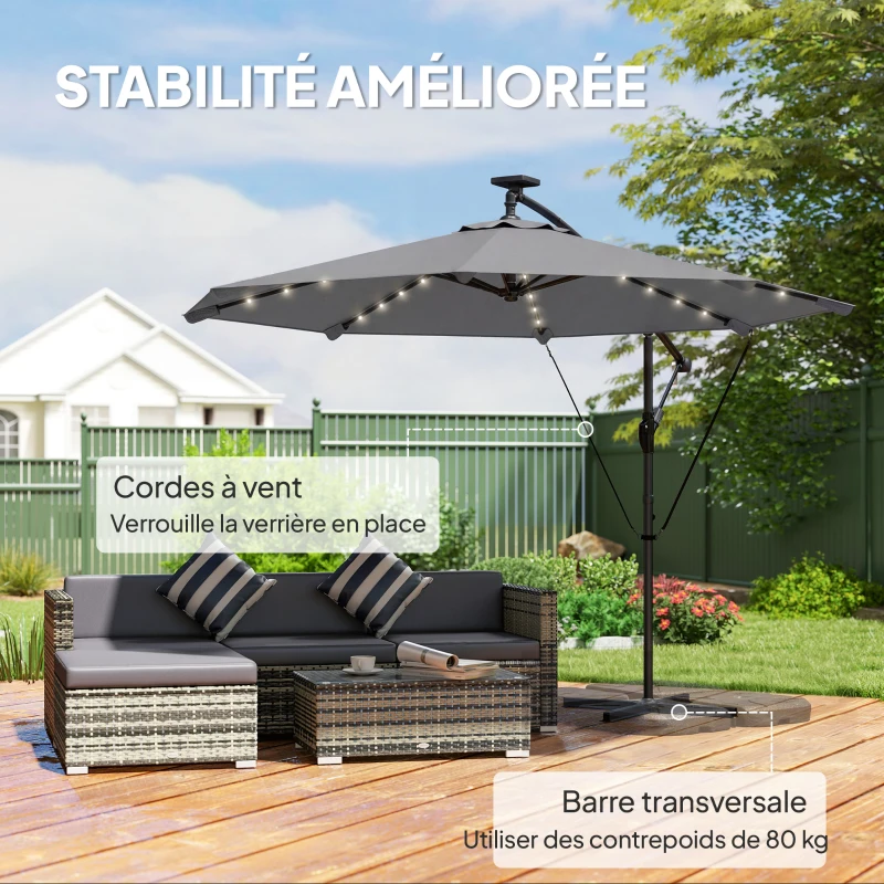 Outsunny Parasol Déporté Parasol de Jardin LED Solaire 32 Lampes LED Manivelle UV 50+ et Housse de Protection Ø 295cm Gris