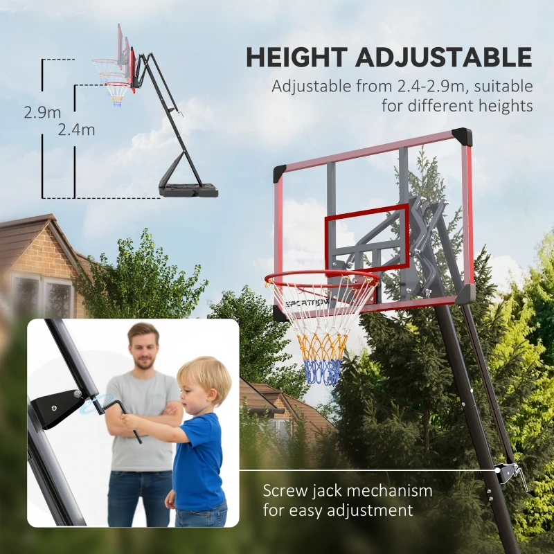 SPORTNOW 2.4-2.9m Adjustable Basketball Hoop and Stand with Weighted Base, Portable on Wheels, Red